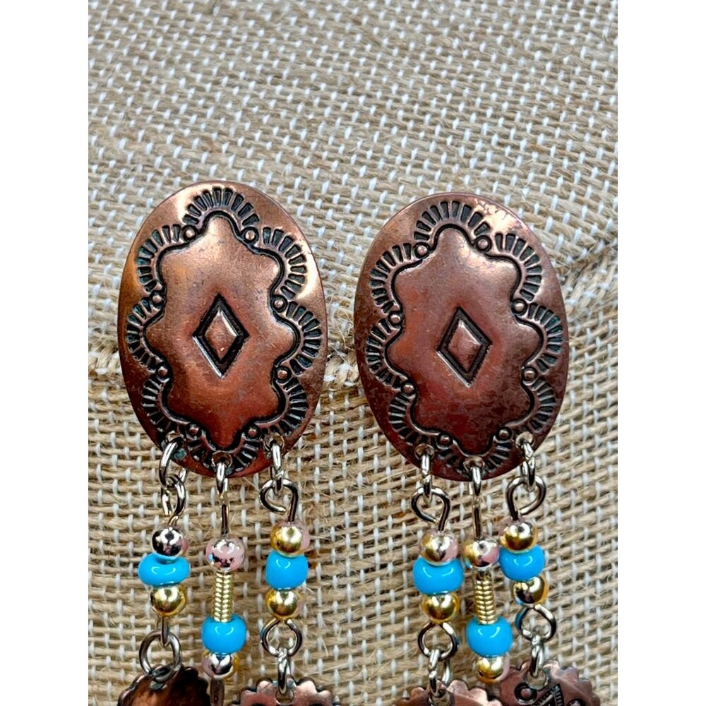 Vintage Copper & Turquoise Beaded Dangle Earrings With Geometric Design & Tribal - Picture 7 of 11